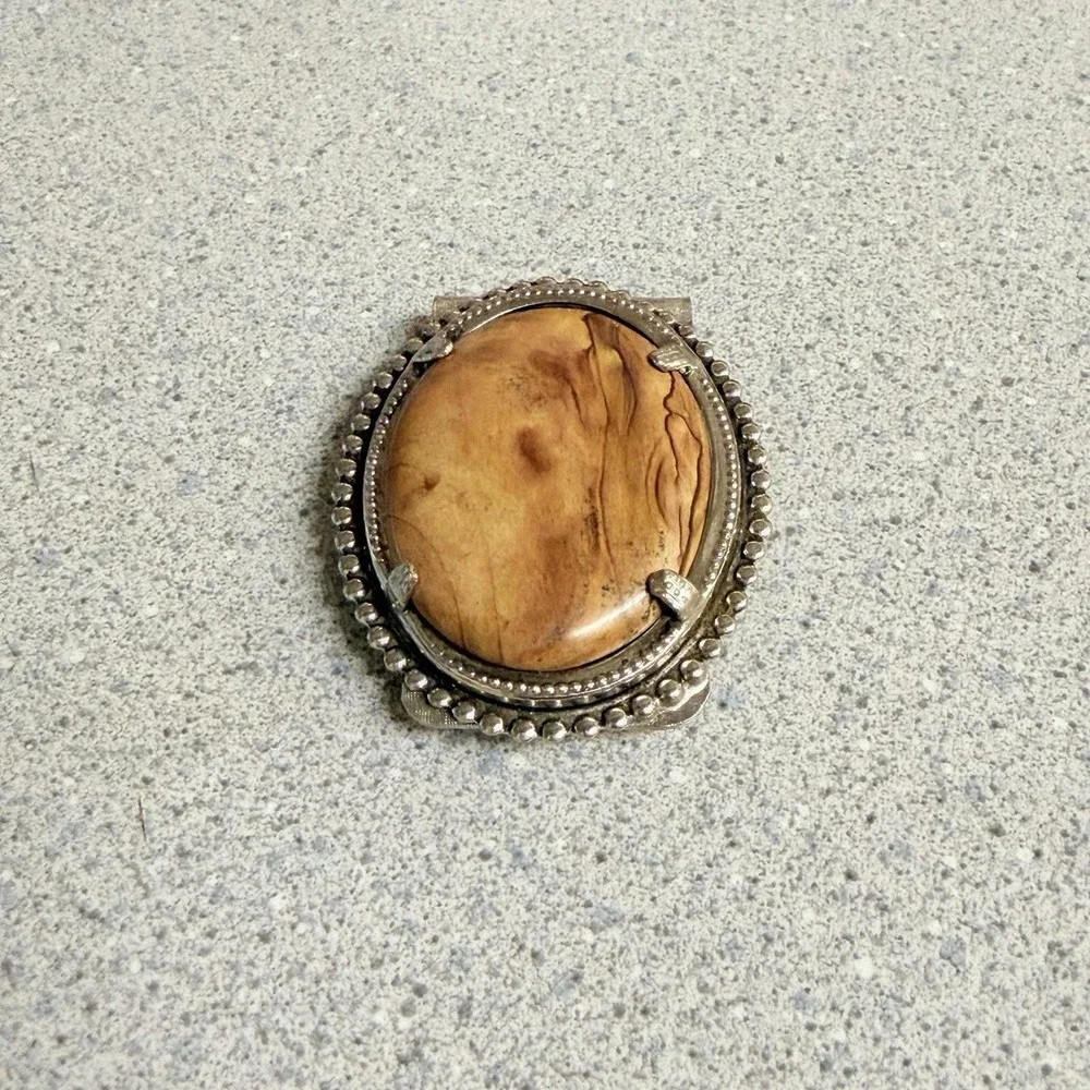 Vintage Silver Tone Money Clip w/ Natural Stone Cabochon Inlay Brown Tan Jasper